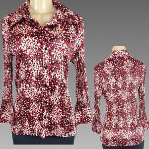 Fred David M Satin Red Geometric Crinkle Pleats Button Collar 3/4 Sleeve Blouse
